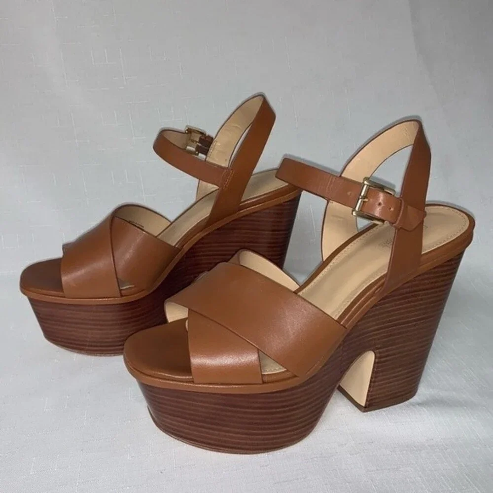 Michael Kors Platform Sandal Women's 8.5 Sia Leather Brown Boho Sexy Trendy
